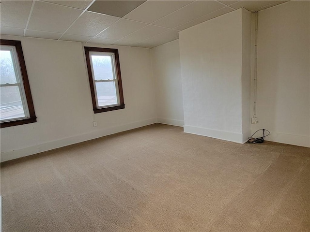 carpeted empty room with a paneled ceiling