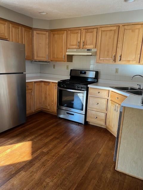 kitchen featuring sink, backsplash, stainless steel appliances, dark hardwood / wood-style floors, and a textured ceiling