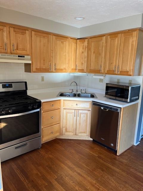 kitchen with sink, tasteful backsplash, a textured ceiling, appliances with stainless steel finishes, and dark hardwood / wood-style flooring