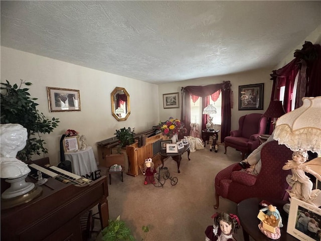 living room with carpet floors and a textured ceiling