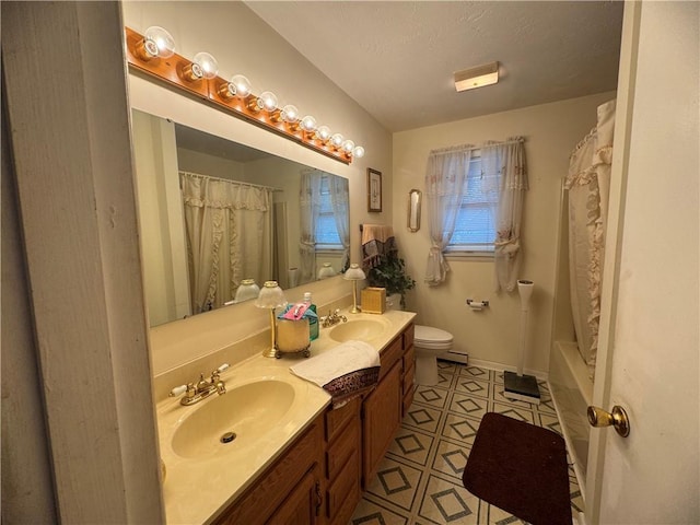 full bathroom with shower / bathtub combination with curtain, a baseboard heating unit, vanity, tile patterned floors, and toilet