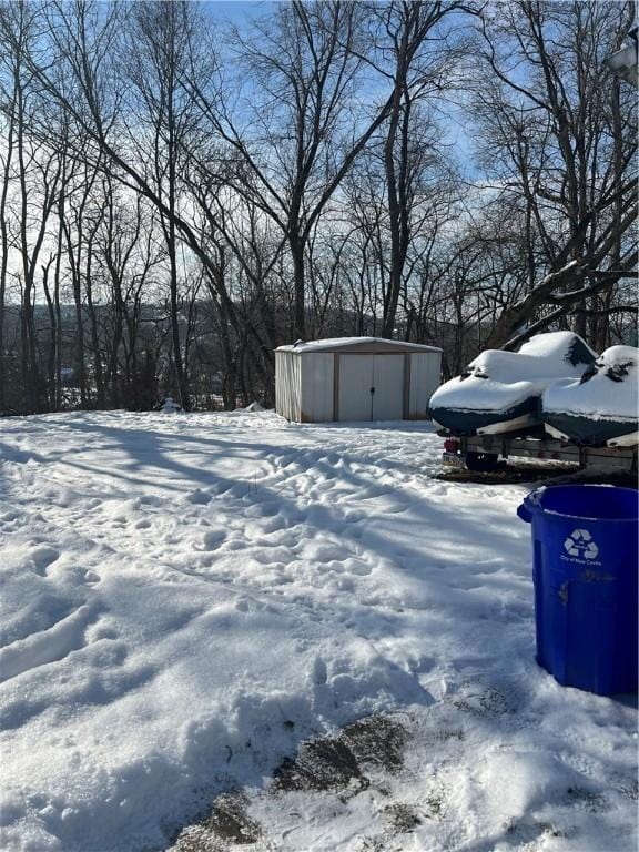 yard layered in snow with a shed