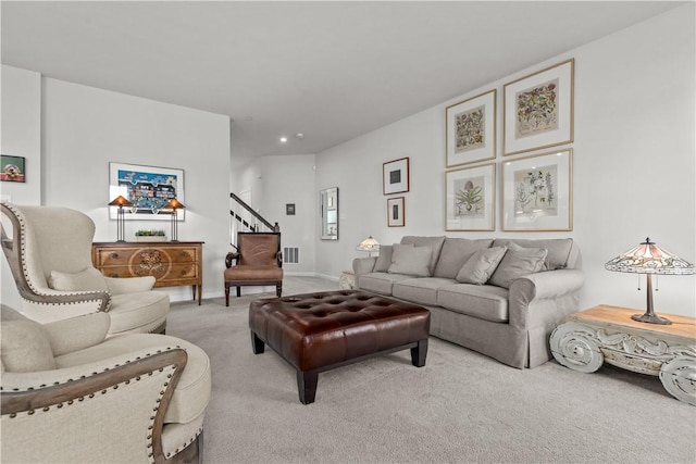 living room featuring light colored carpet