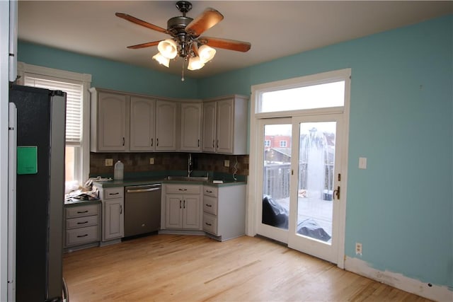 kitchen featuring sink, appliances with stainless steel finishes, gray cabinetry, tasteful backsplash, and light wood-type flooring