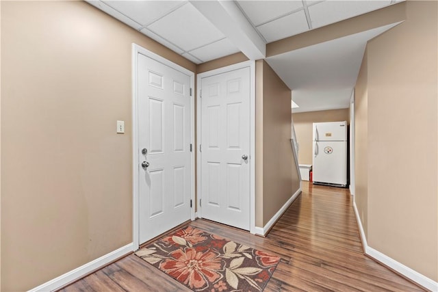 foyer with wood-type flooring and a drop ceiling