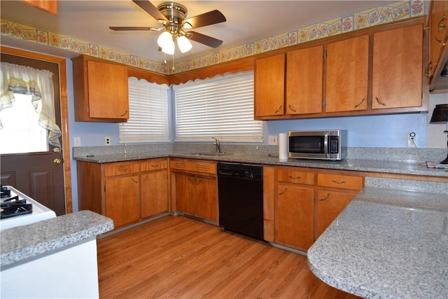 kitchen with black dishwasher, sink, ceiling fan, and light hardwood / wood-style flooring