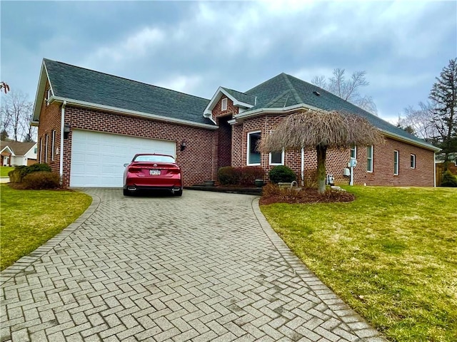 ranch-style house with decorative driveway, brick siding, roof with shingles, a garage, and a front lawn