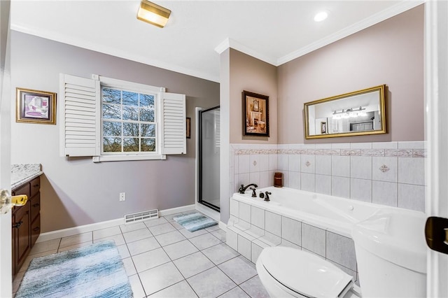 full bathroom featuring toilet, crown molding, shower with separate bathtub, vanity, and tile patterned flooring