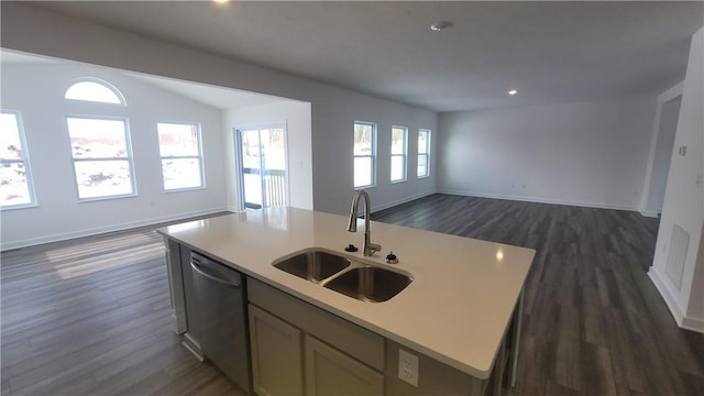 kitchen featuring dark hardwood / wood-style floors, sink, dishwasher, and a kitchen island with sink