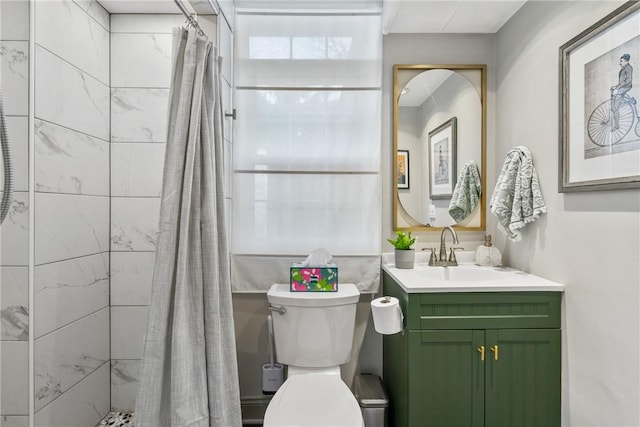 bathroom with vanity, toilet, curtained shower, and a baseboard heating unit