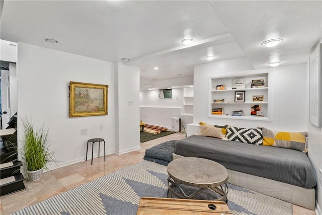 living room with built in shelves