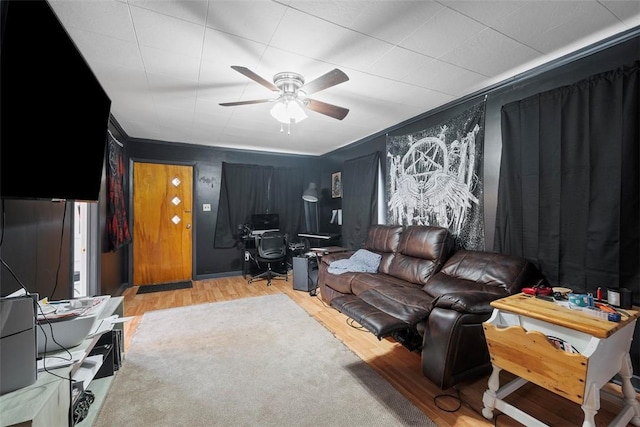 living room with ceiling fan and light wood-type flooring