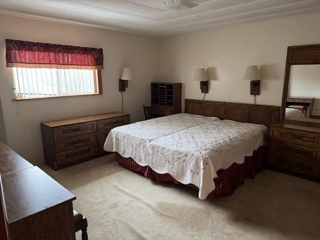 bedroom featuring light colored carpet