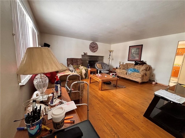 living room with a fireplace with raised hearth and wood finished floors