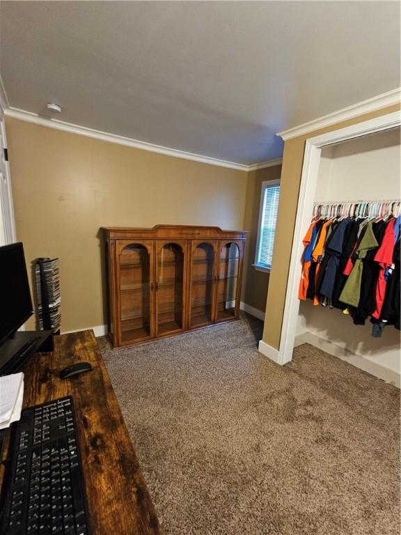 interior space with a closet, ornamental molding, carpet floors, and mail boxes