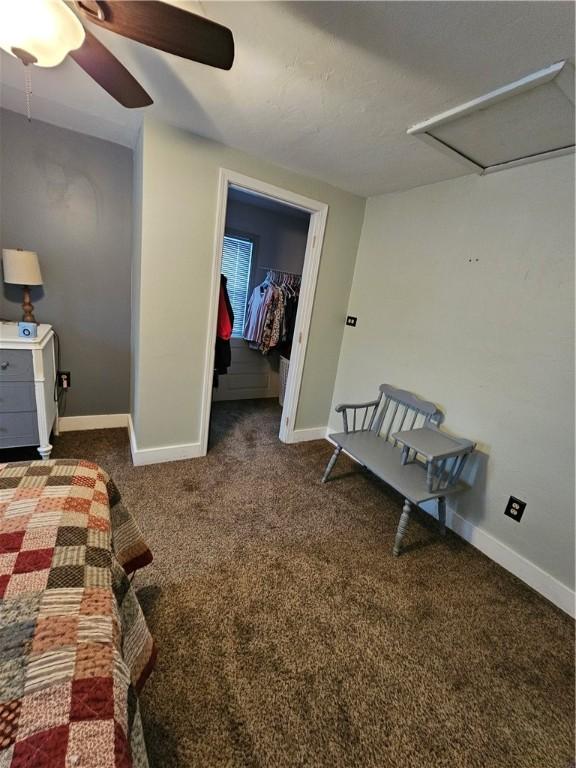 bedroom with ceiling fan, a spacious closet, dark carpet, and a closet