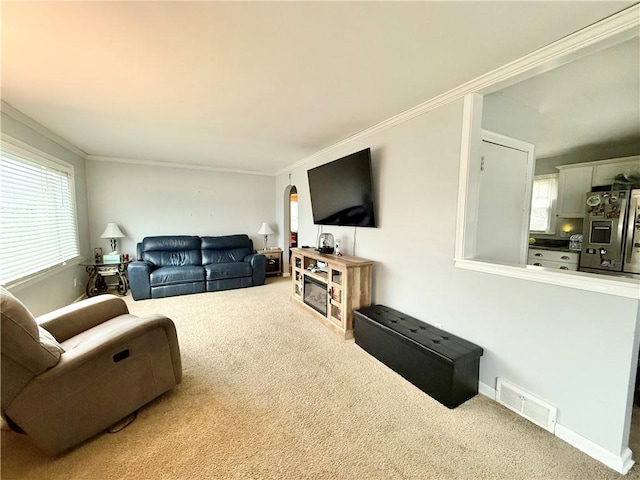 living room featuring crown molding, plenty of natural light, and carpet flooring