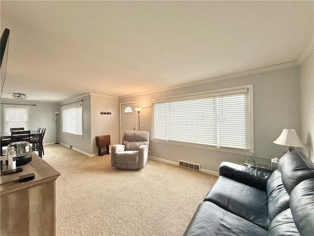 carpeted living room with crown molding