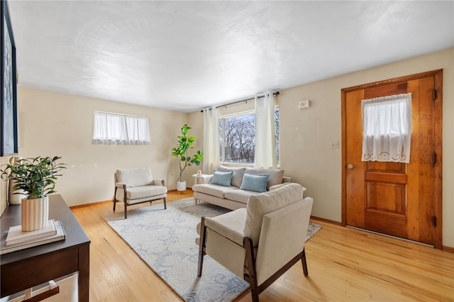 living room featuring a wealth of natural light and light hardwood / wood-style floors