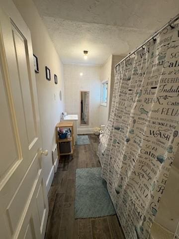 561/563 Sherman Ave, Sharon, PA 16146 - bathroom with wood finished floors, a shower with shower curtain, and baseboards