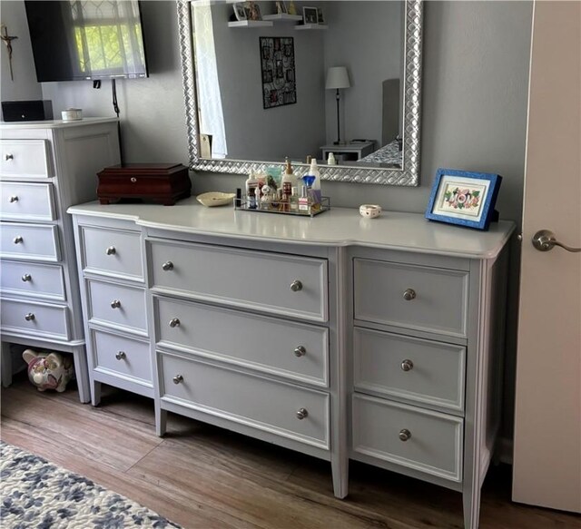 bathroom with wood-type flooring and vanity