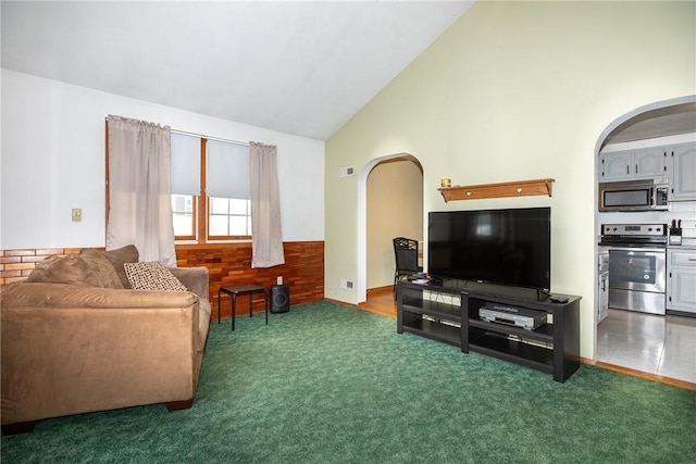 216 Karen Dr, Allegheny Twp Wml, PA 15613 - carpeted living room with high vaulted ceiling and arched walkways