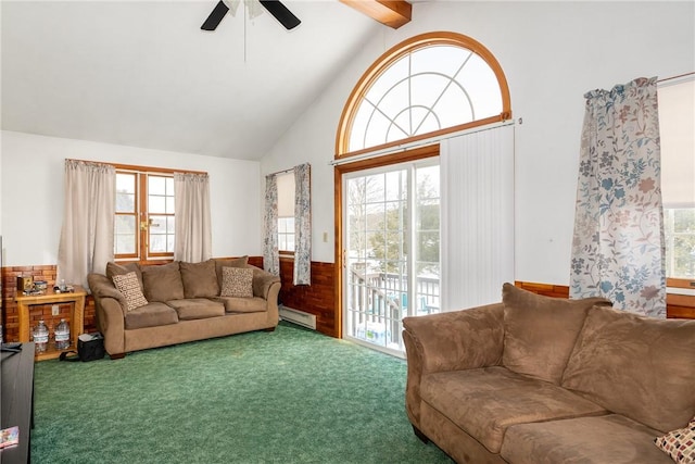 216 Karen Dr, Allegheny Twp Wml, PA 15613 - living room with a baseboard radiator, beam ceiling, ceiling fan, and carpet