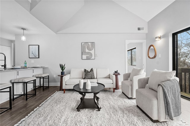 living room with high vaulted ceiling, a wealth of natural light, and hardwood / wood-style floors