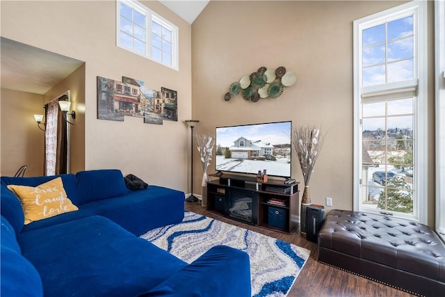 living room featuring dark wood-type flooring and a towering ceiling