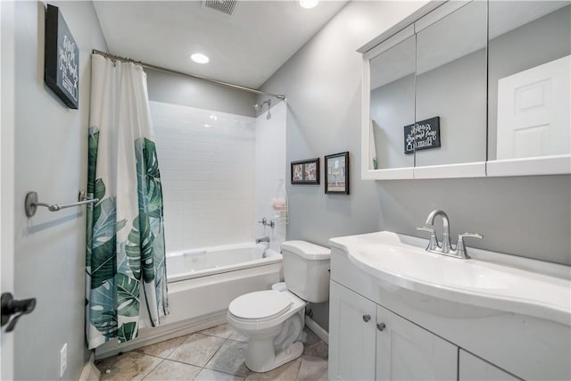 full bathroom with toilet, shower / bath combo, tile patterned flooring, and vanity