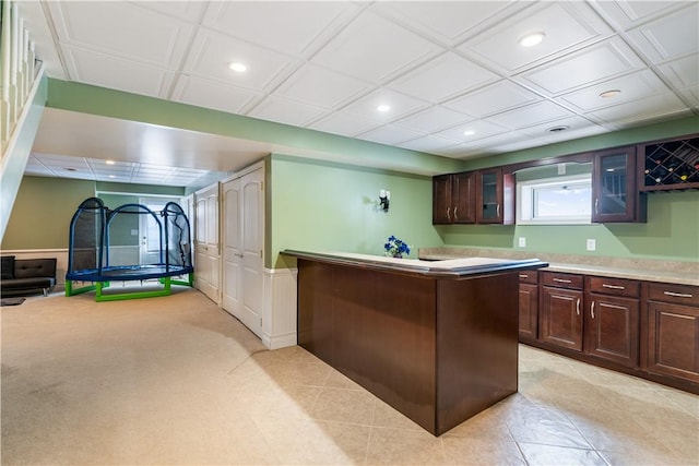 bar featuring dark brown cabinets and light colored carpet