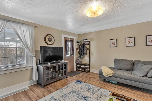 living room with hardwood / wood-style floors and a textured ceiling