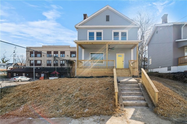 view of front of property featuring covered porch and ceiling fan