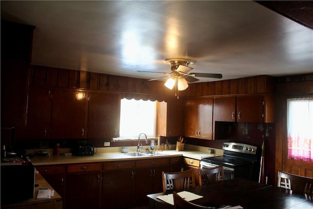 kitchen featuring ceiling fan, sink, and electric stove