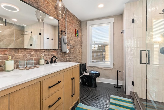 bathroom with toilet, a shower with door, tile patterned flooring, and vanity