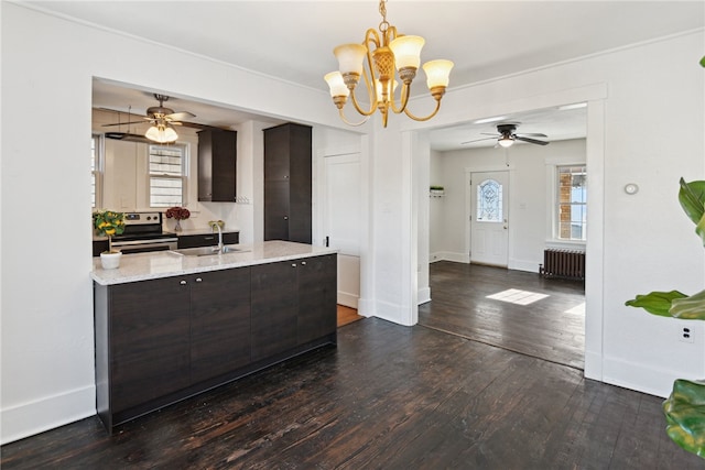 kitchen with electric range, dark wood-style flooring, a sink, dark brown cabinets, and radiator