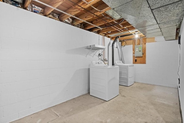 basement featuring electric panel and washer and clothes dryer