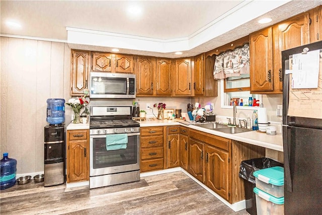 kitchen featuring appliances with stainless steel finishes, sink, and hardwood / wood-style flooring