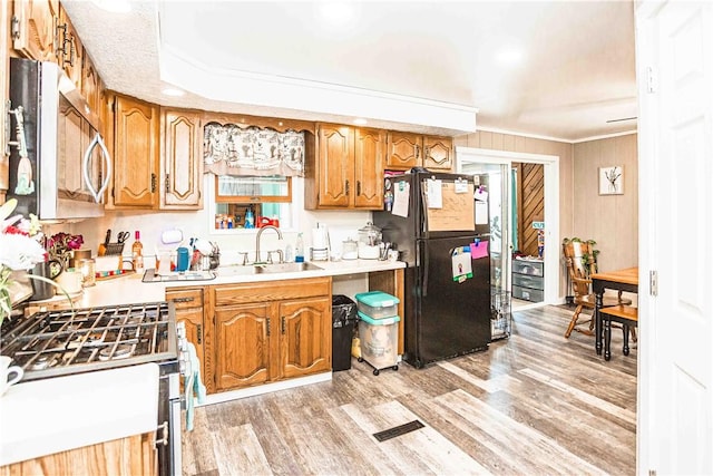 kitchen featuring sink, ornamental molding, stainless steel appliances, and light hardwood / wood-style floors