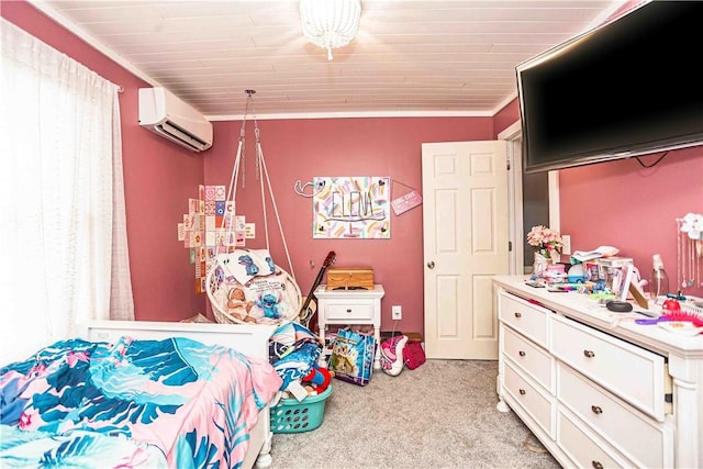 bedroom with crown molding, an AC wall unit, and light carpet