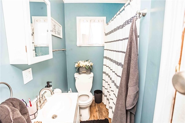 bathroom with hardwood / wood-style floors, vanity, and toilet