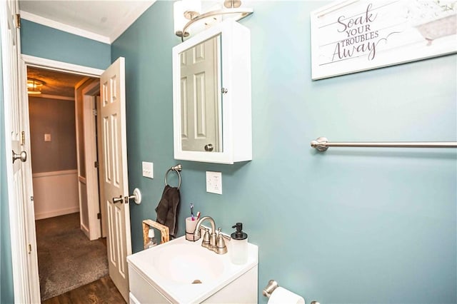 bathroom with hardwood / wood-style floors and vanity