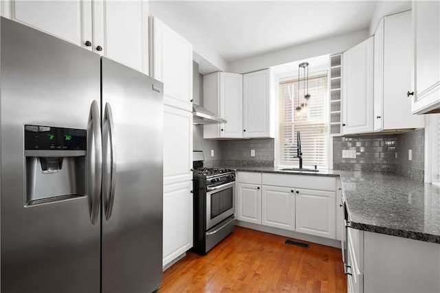 kitchen featuring sink, backsplash, appliances with stainless steel finishes, and white cabinets