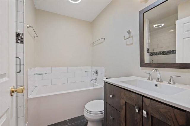 full bathroom featuring vanity, independent shower and bath, toilet, and tile patterned floors