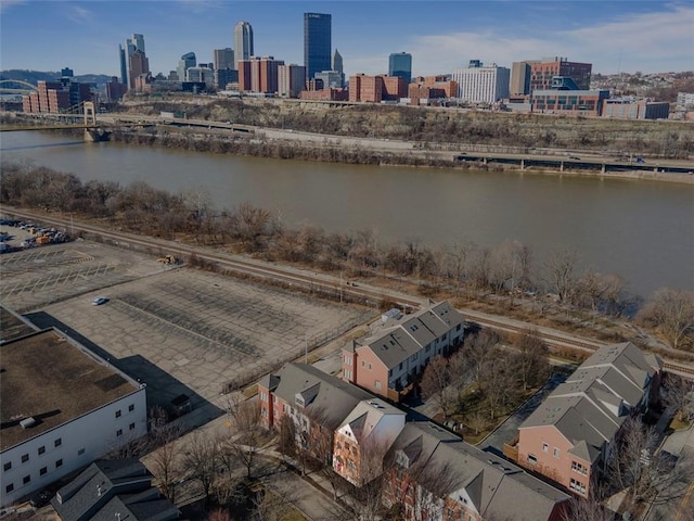 drone / aerial view with a water view