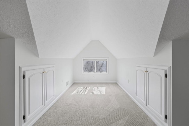 additional living space with vaulted ceiling, a textured ceiling, and light colored carpet