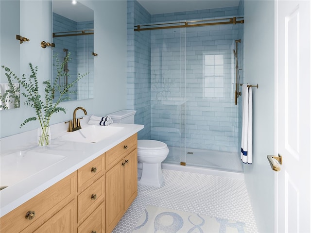 bathroom with vanity, toilet, tile patterned floors, and walk in shower