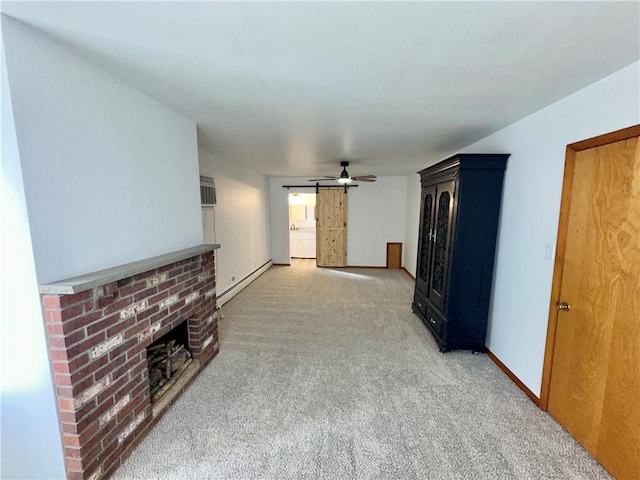 302 S Main St, Masontown, PA 15461 - unfurnished living room with a baseboard heating unit, light colored carpet, a brick fireplace, ceiling fan, and baseboards