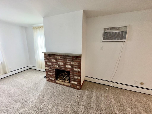 302 S Main St, Masontown, PA 15461 - unfurnished living room featuring baseboard heating, carpet floors, a wall mounted air conditioner, and a brick fireplace