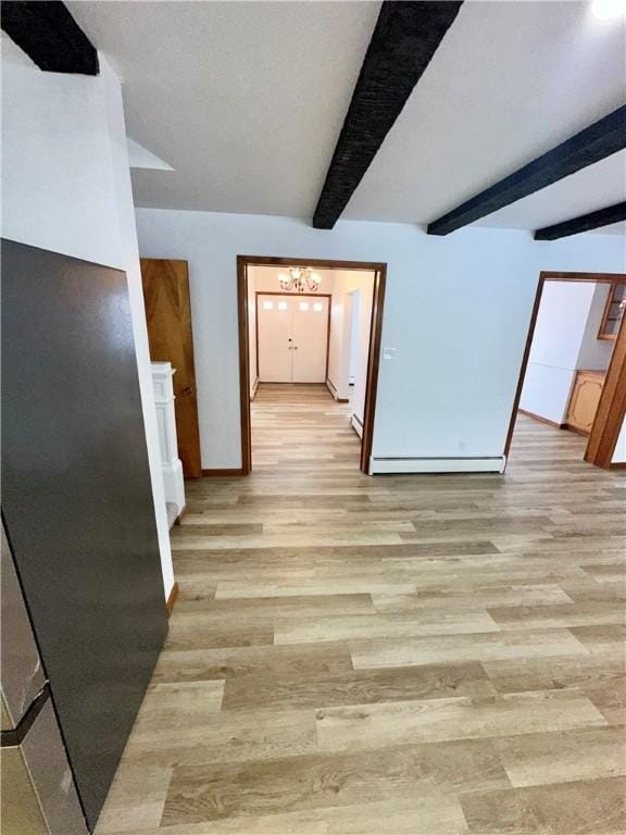 302 S Main St, Masontown, PA 15461 - interior space with light wood-style flooring, a chandelier, beam ceiling, baseboards, and a baseboard heating unit